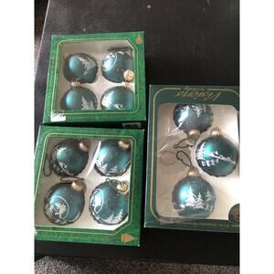 Christmas by Krebs Ornaments Stenciled Teal Trees Set of 11 in Box Vintage